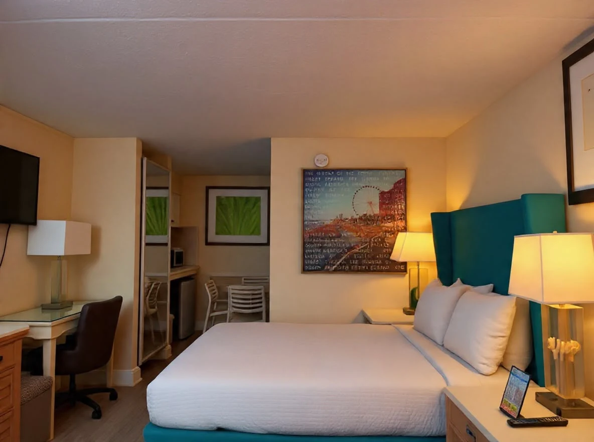 Single-bed guest room with a teal headboard and desk